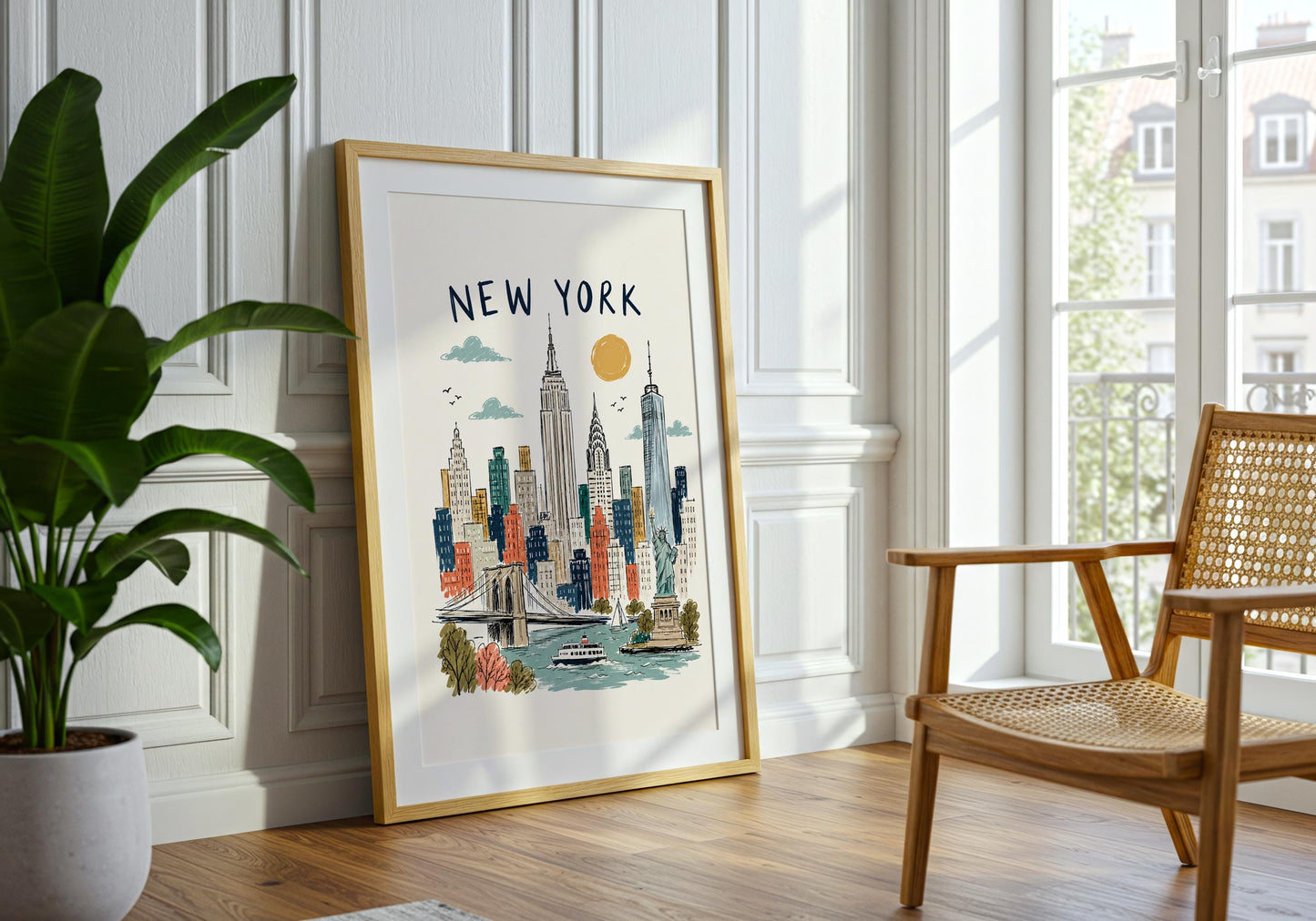 Retro New York city poster with muted teal, navy, terracotta and ochre buildings against a warm cream background.