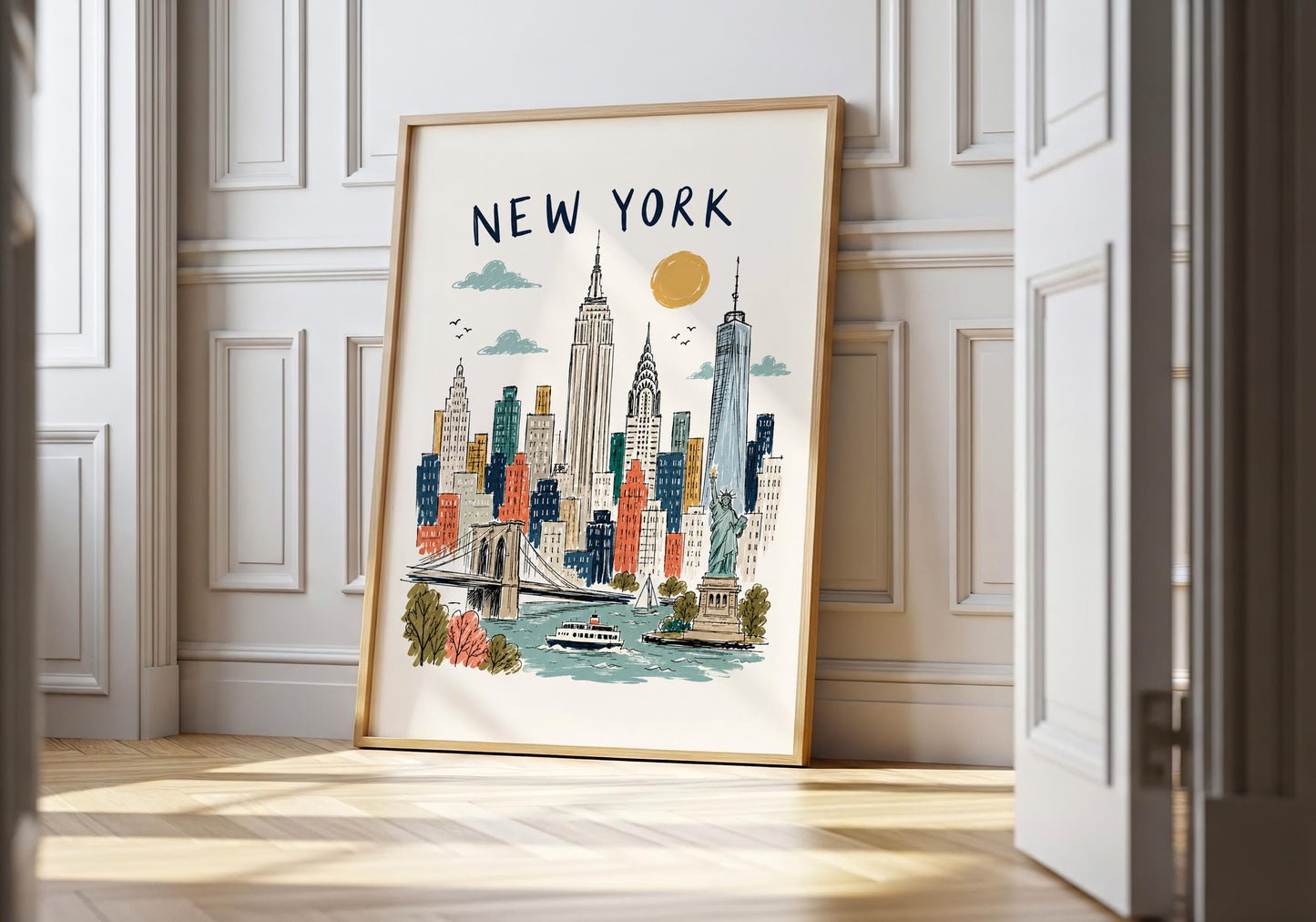 Vintage-style New York travel poster featuring a hand-drawn Manhattan skyline beneath large New York lettering.