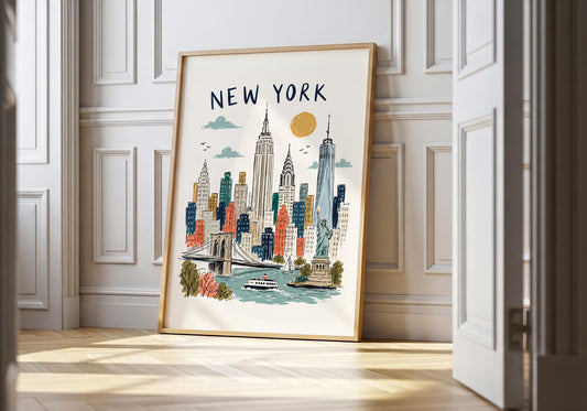 Vintage-style New York travel poster featuring a hand-drawn Manhattan skyline beneath large New York lettering.