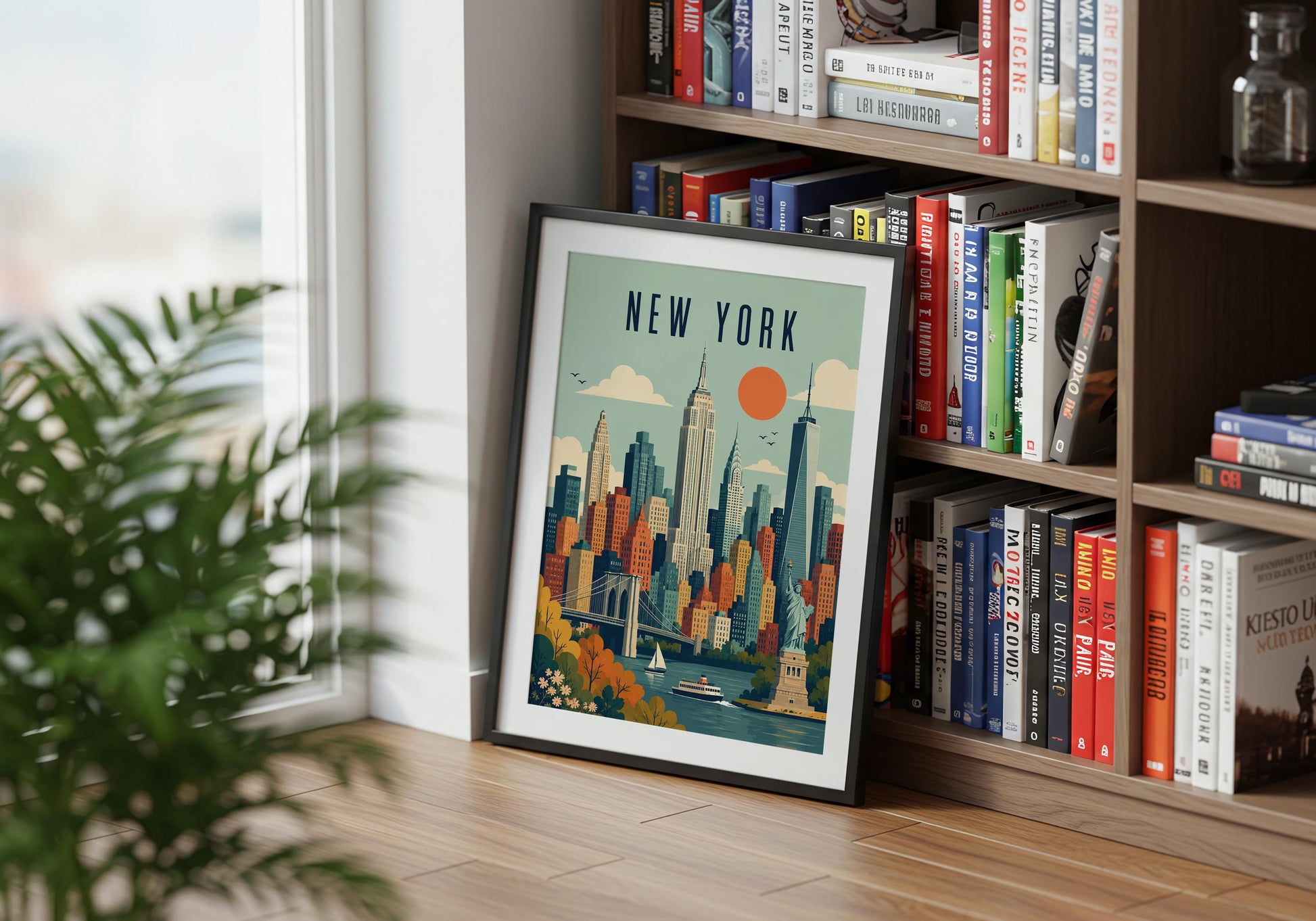 Colourful New York wall art in aqua, burnt orange, mustard, cream and navy with geometric city architecture.