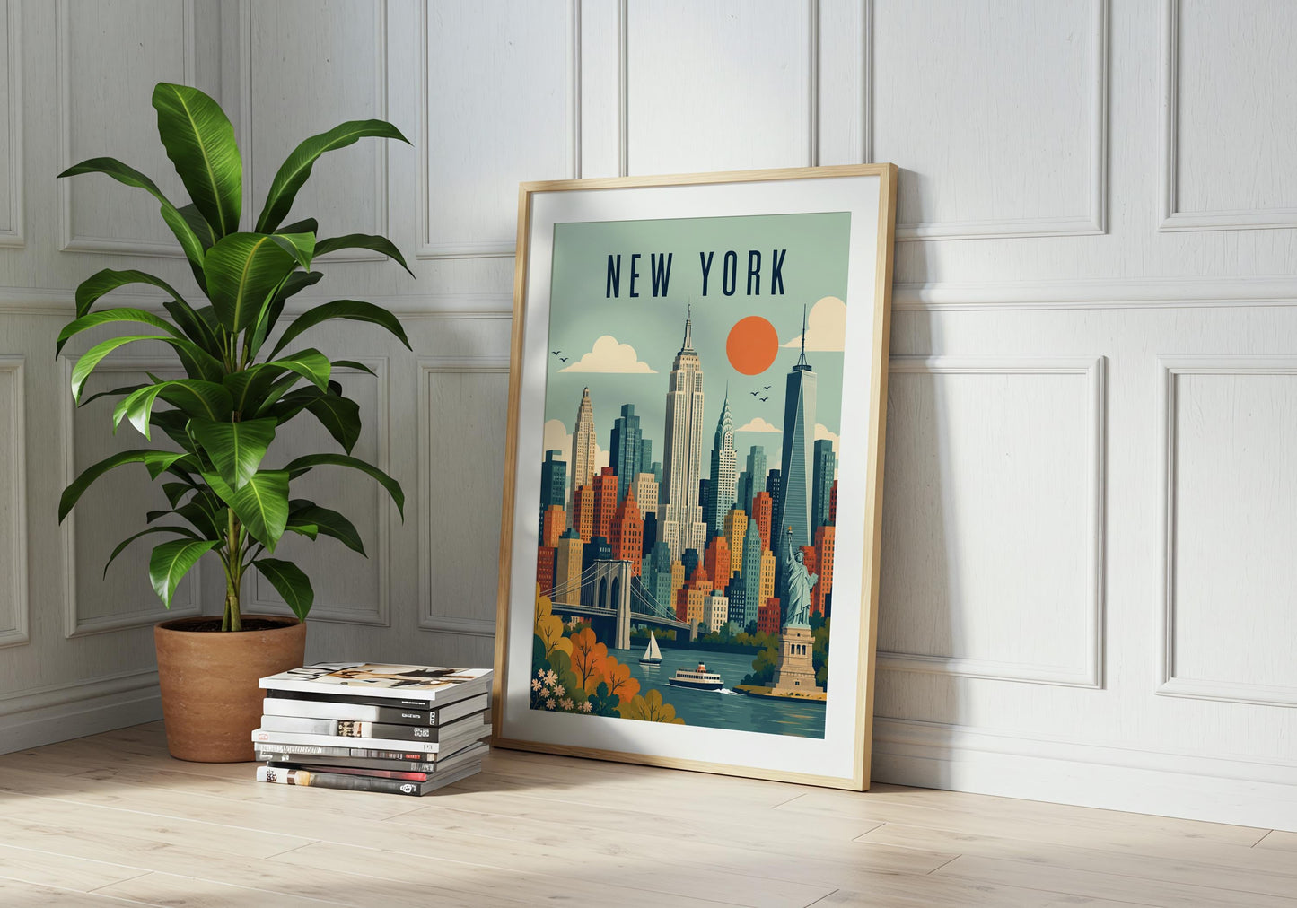 Retro NYC poster with the Empire State Building, Chrysler Building and One World Trade Center in a 60s inspired style.