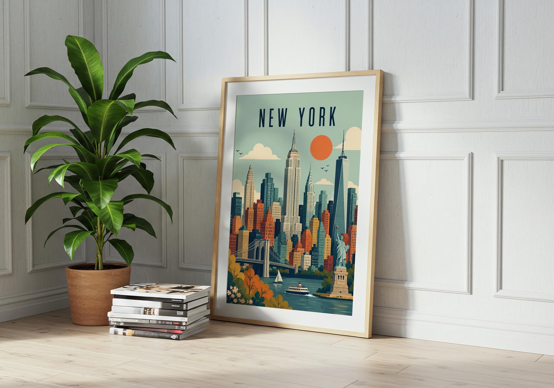 Retro NYC poster with the Empire State Building, Chrysler Building and One World Trade Center in a 60s inspired style.