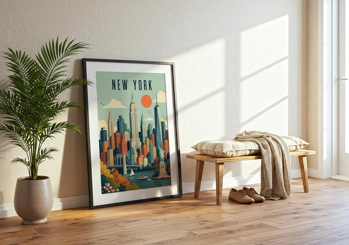 Colourful retro cityscape print with New York skyline, Statue of Liberty and Brooklyn Bridge in a vintage modernist palette.