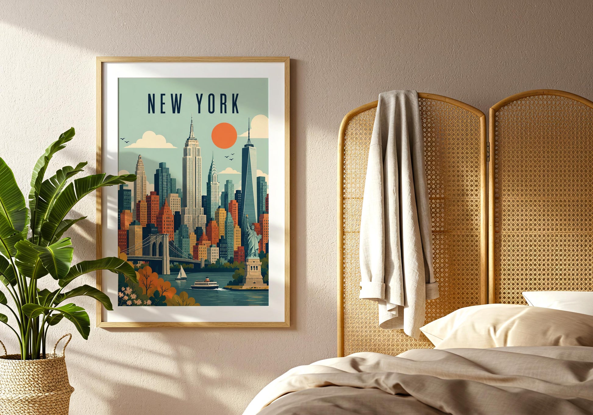 Retro Manhattan skyline illustration featuring the Brooklyn Bridge, Statue of Liberty, waterfront and colourful skyscrapers.