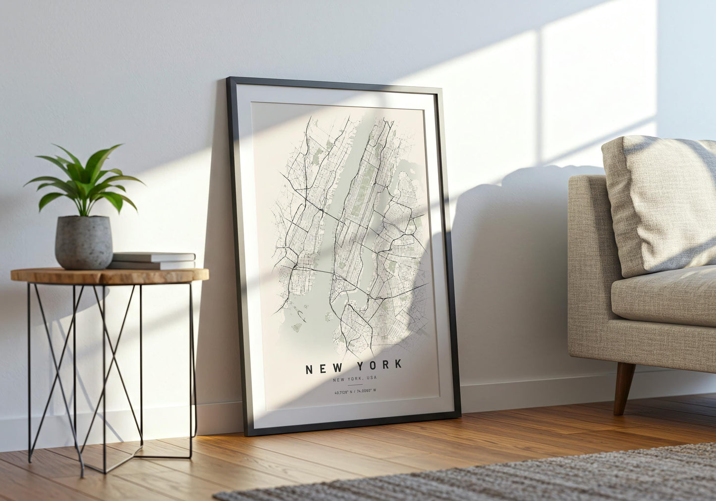 New York architecture print showing the distinctive Manhattan street grid, waterways and surrounding urban structure.