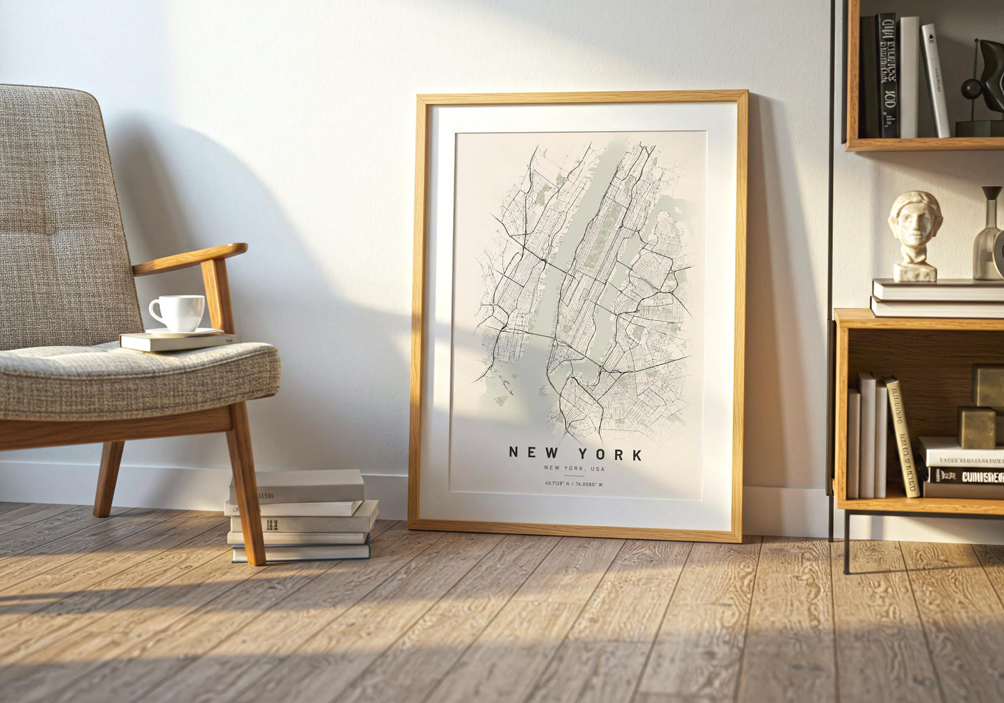 Contemporary New York architecture artwork with a detailed city plan and clean typography beneath the illustration.