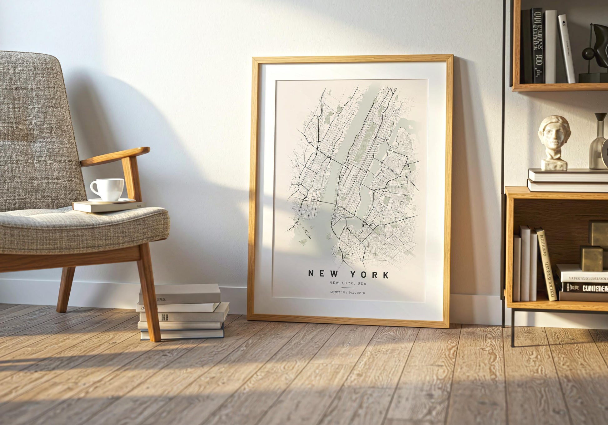 Contemporary New York architecture artwork with a detailed city plan and clean typography beneath the illustration.