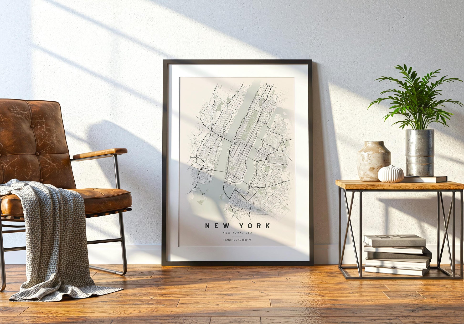 Detailed urban planning print of New York with fine road networks, parks and waterways in understated neutral tones.