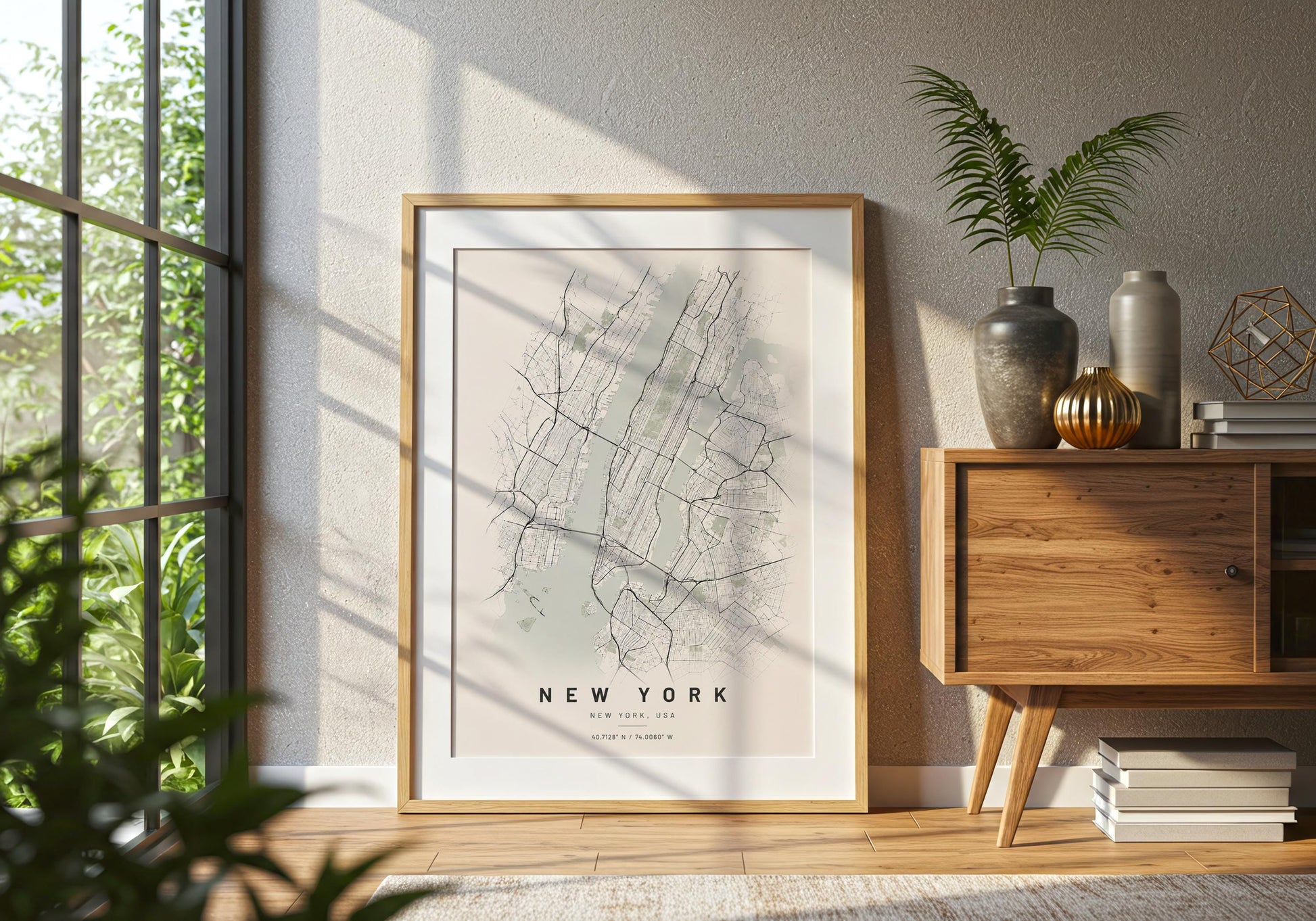 Architectural wall art featuring Manhattan at the centre of an intricate monochrome New York city plan.