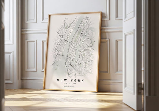 Architectural New York city plan showing Manhattan and surrounding areas through detailed fine-line street networks.