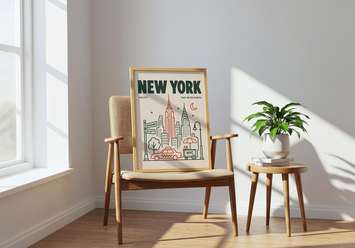 Green and orange New York wall art with clean line drawings of iconic Manhattan architecture and city details.