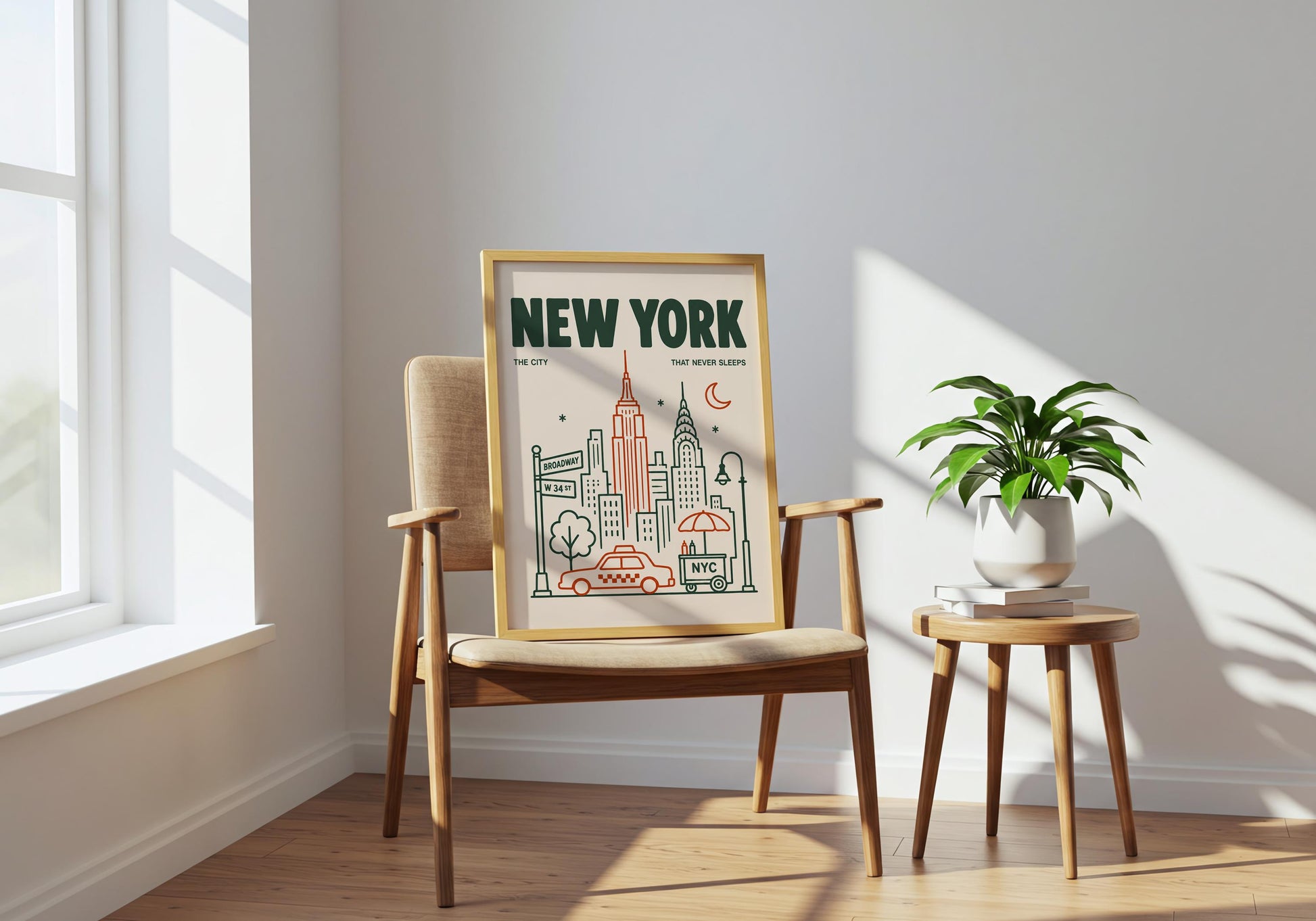 Green and orange New York wall art with clean line drawings of iconic Manhattan architecture and city details.