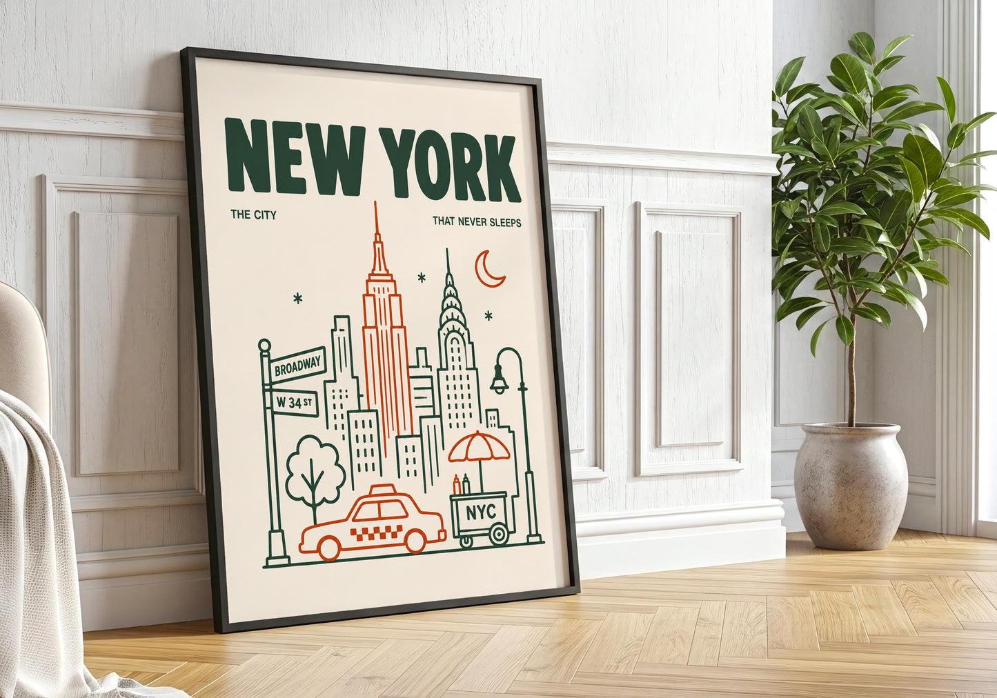 Minimalist NYC poster featuring the Empire State Building, Chrysler Building, taxi and Broadway street sign.