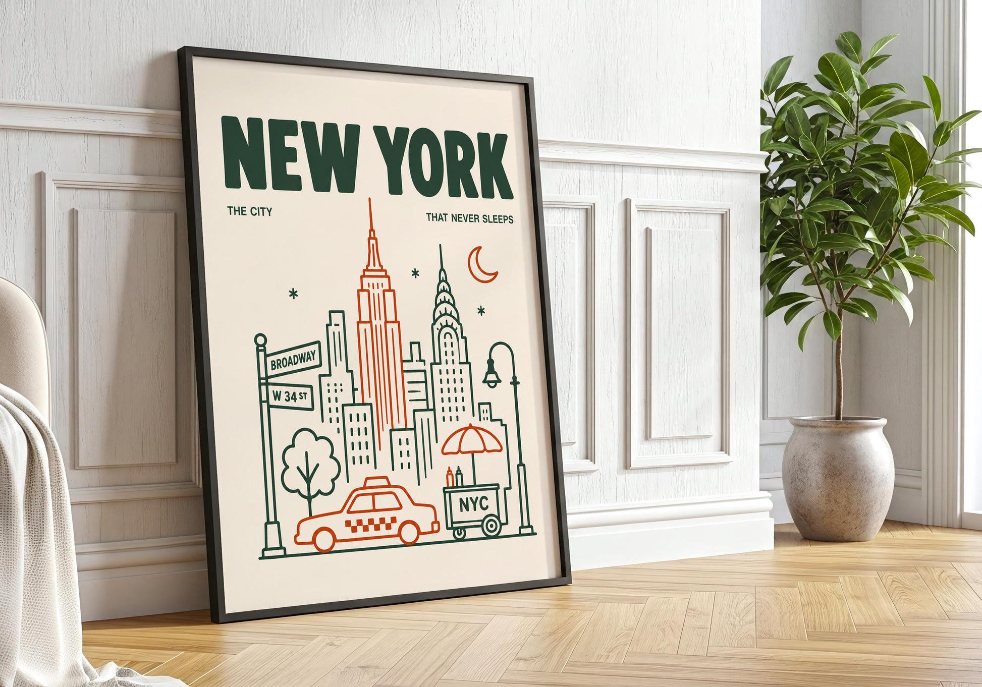 Minimalist NYC poster featuring the Empire State Building, Chrysler Building, taxi and Broadway street sign.