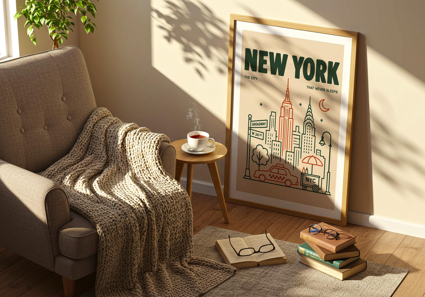 Retro-inspired New York line drawing in forest green and orange with a crescent moon, city skyline and NYC street scene.