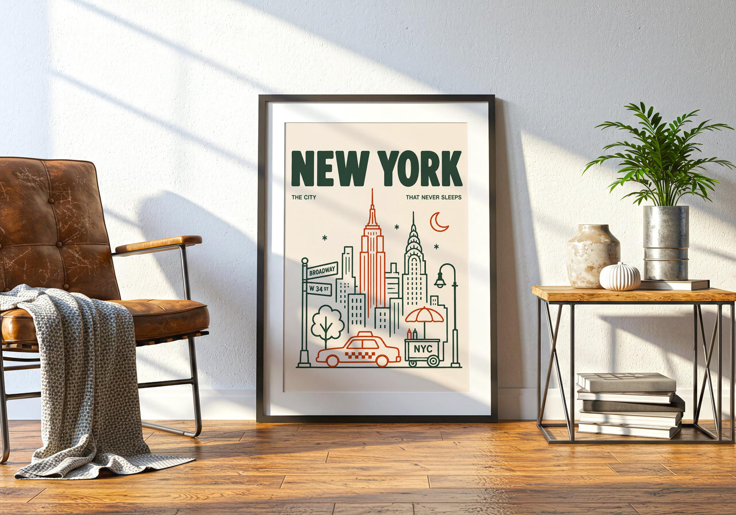Modern New York poster with oversized dark green lettering above a simple forest green and burnt orange city illustration.