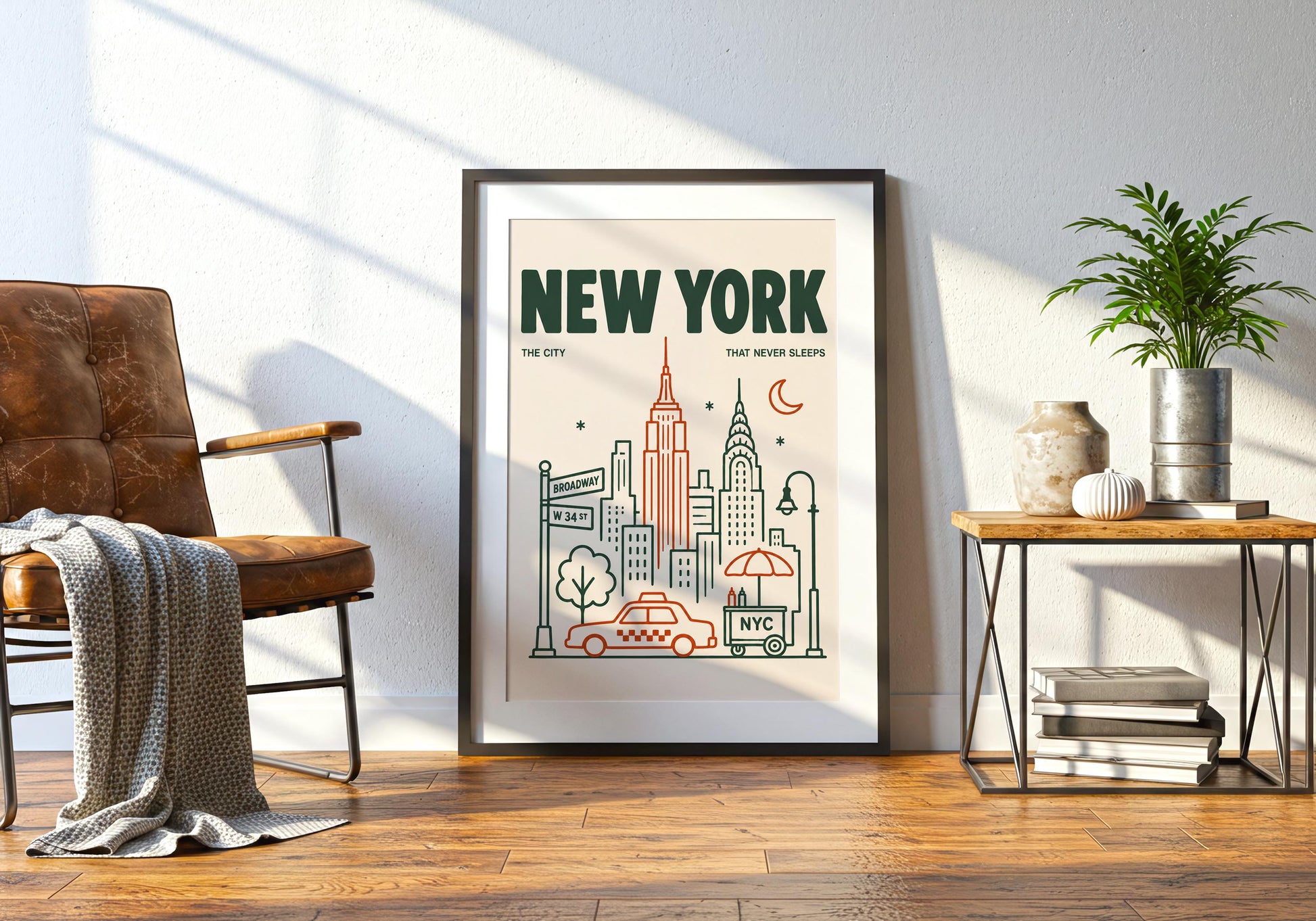 Modern New York poster with oversized dark green lettering above a simple forest green and burnt orange city illustration.