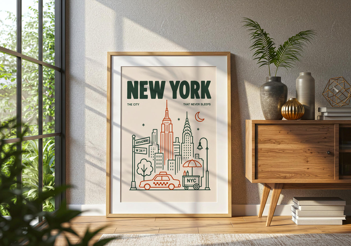 Minimalist Manhattan wall art featuring Broadway and West 34th Street signs with iconic New York buildings.
