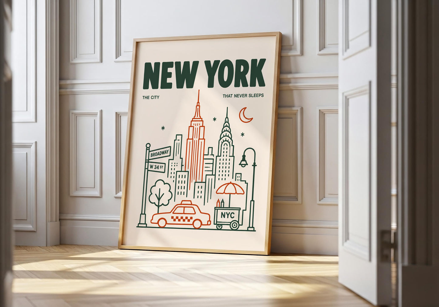 New York line art print with bold green typography and simple illustrated Manhattan landmarks on a cream background.