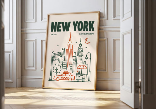 New York line art print with bold green typography and simple illustrated Manhattan landmarks on a cream background.