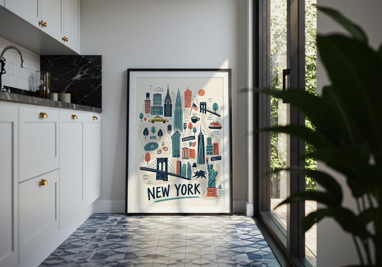 Illustrated Manhattan wall art featuring a yellow taxi, skyscrapers, Broadway sign and classic New York architecture.