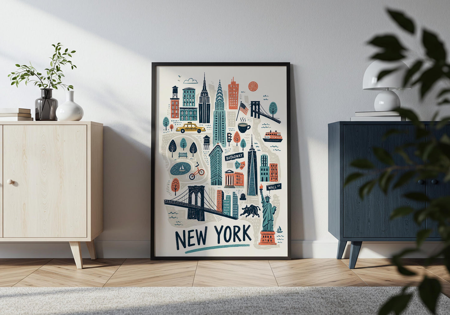 New York travel print with hand-drawn city landmarks, ferry, American flag, coffee cup and urban details.