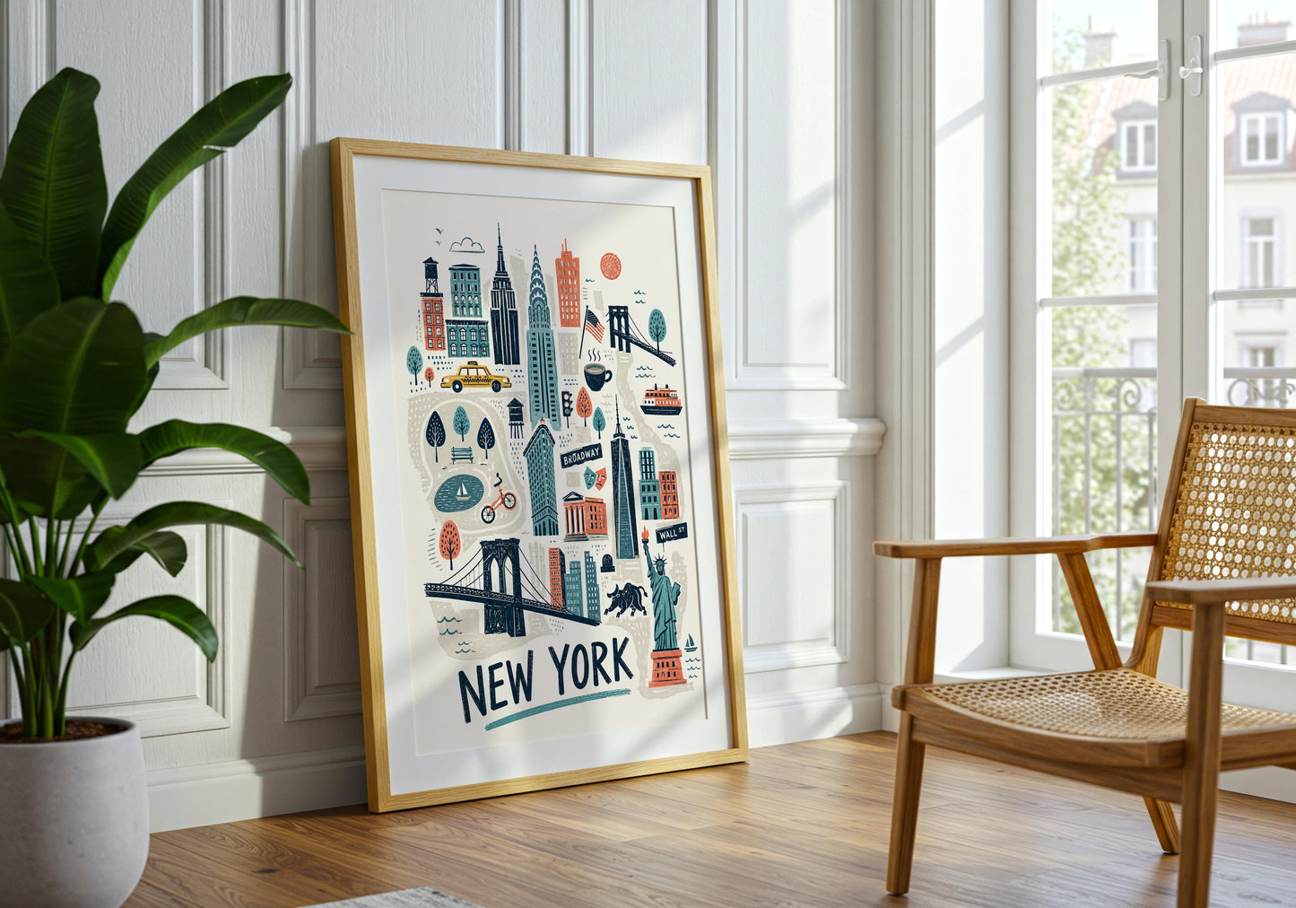 Retro cityscape artwork featuring the Statue of Liberty, Brooklyn Bridge and Manhattan skyline in a playful illustrated style.