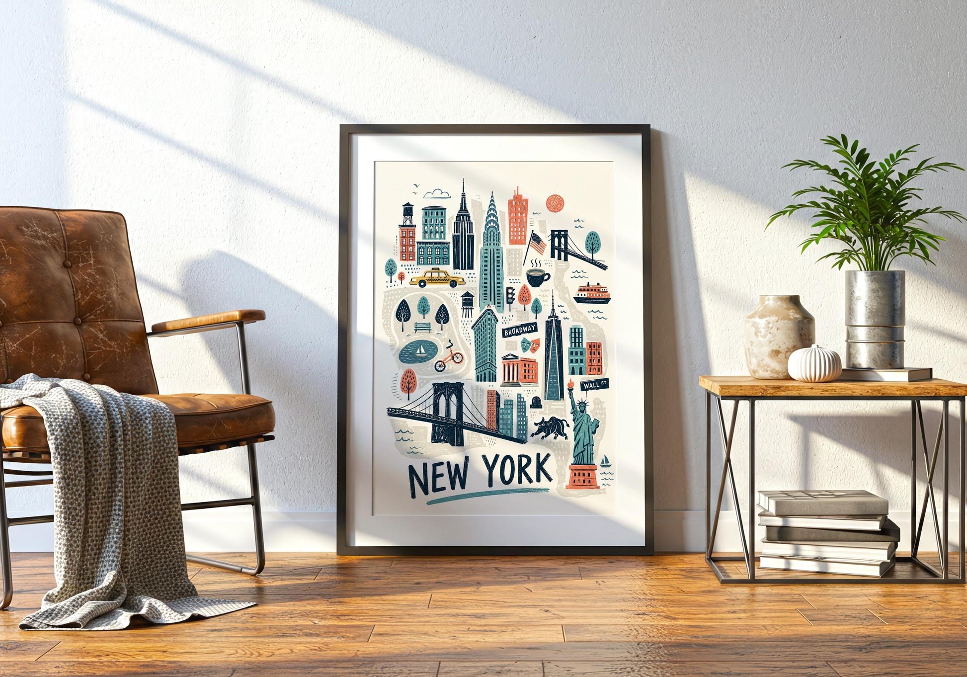 Framed New York wall art styled in a light contemporary room with decorative wall panelling and natural wood flooring.