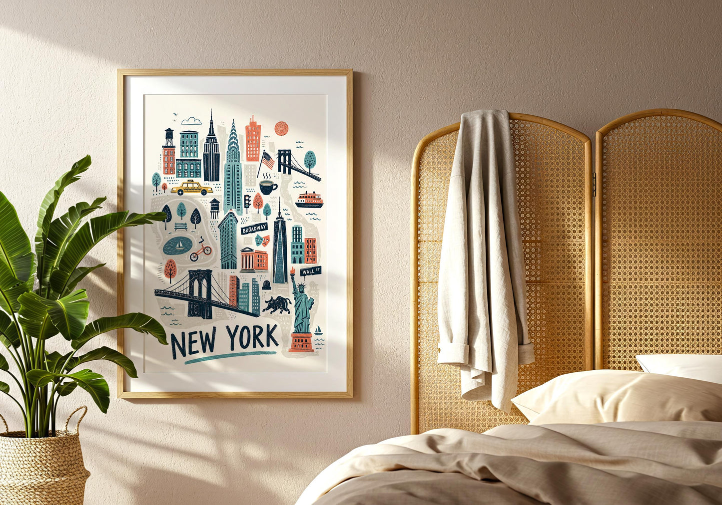 Retro NYC travel poster with the Empire State Building, Chrysler Building, Statue of Liberty and Brooklyn Bridge.