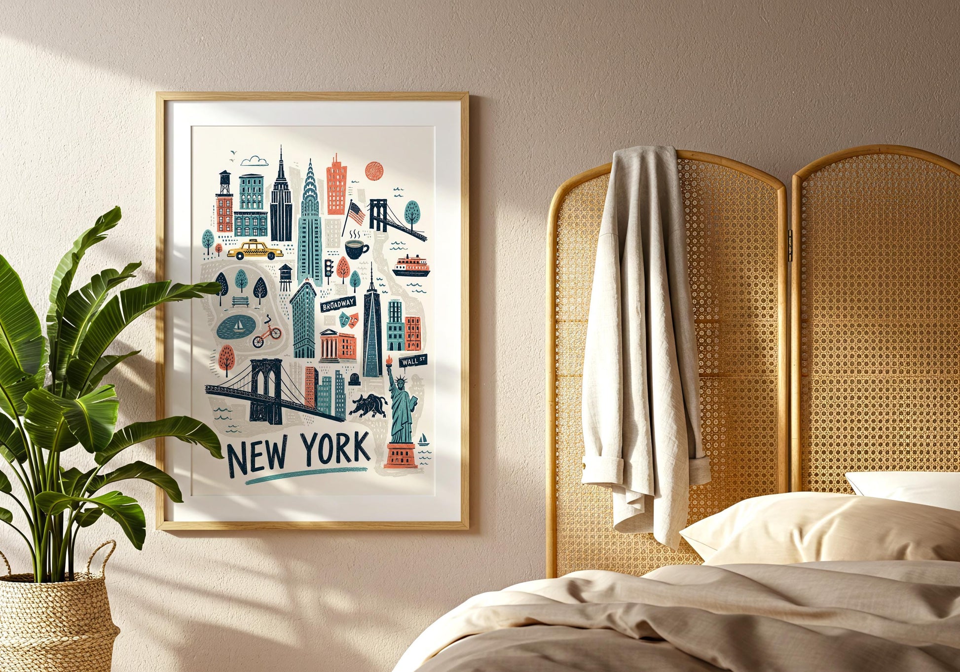 Retro NYC travel poster with the Empire State Building, Chrysler Building, Statue of Liberty and Brooklyn Bridge.