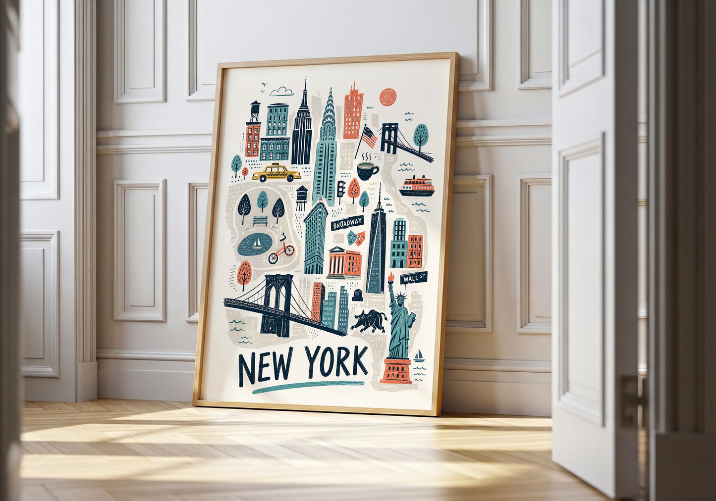 Illustrated New York City wall art featuring Manhattan landmarks in navy, teal, coral and mustard tones.