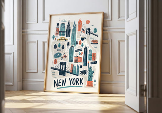 Illustrated New York City wall art featuring Manhattan landmarks in navy, teal, coral and mustard tones.