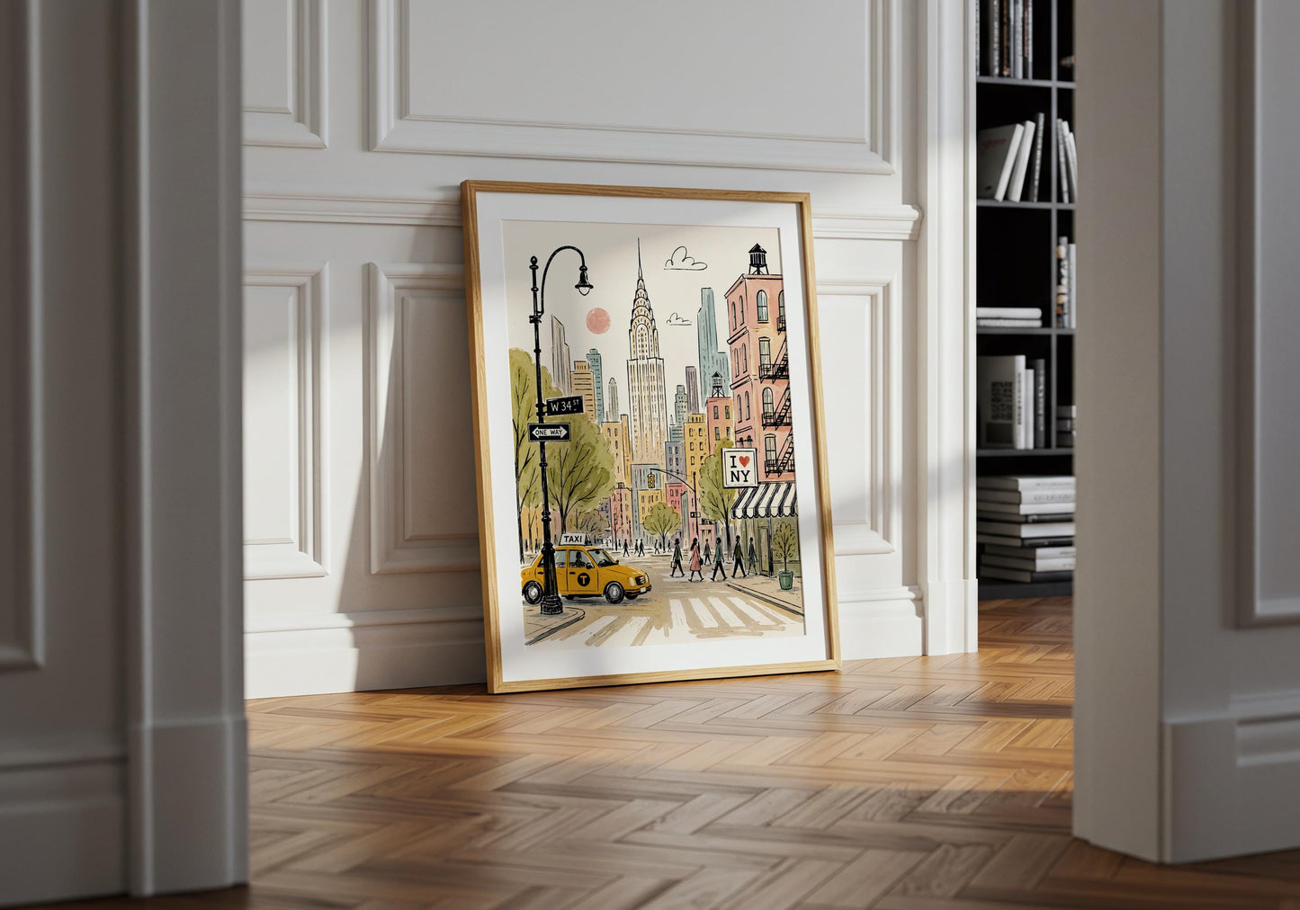 New York wall art in warm cream, olive green, dusty pink and mustard yellow with hand-drawn architectural details.