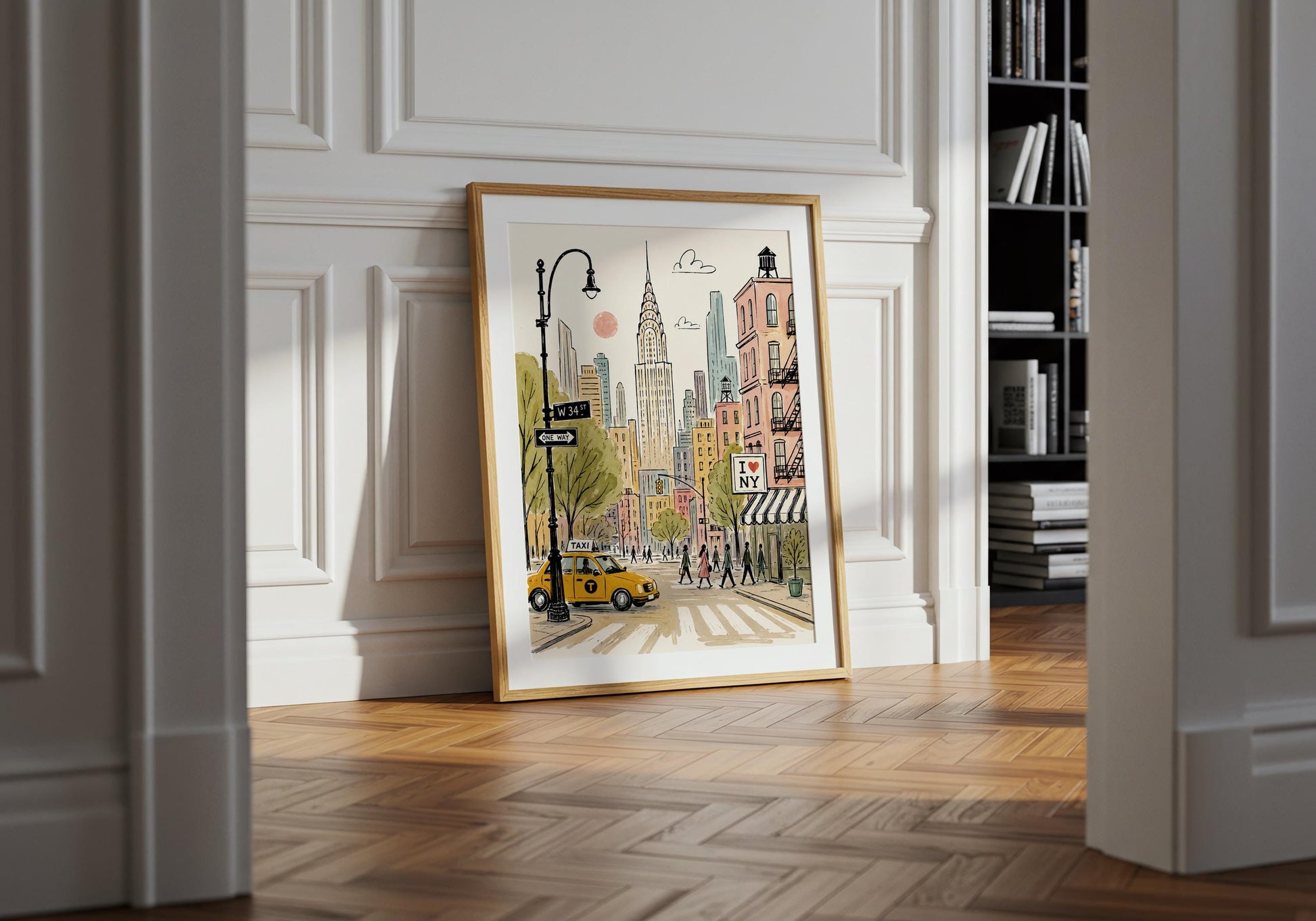 New York wall art in warm cream, olive green, dusty pink and mustard yellow with hand-drawn architectural details.