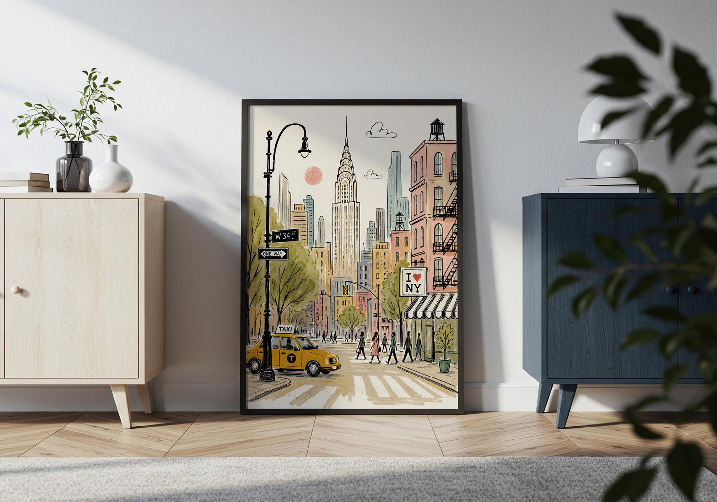 NYC city print featuring a W 34th Street sign, one way sign, yellow cab and Chrysler Building skyline.