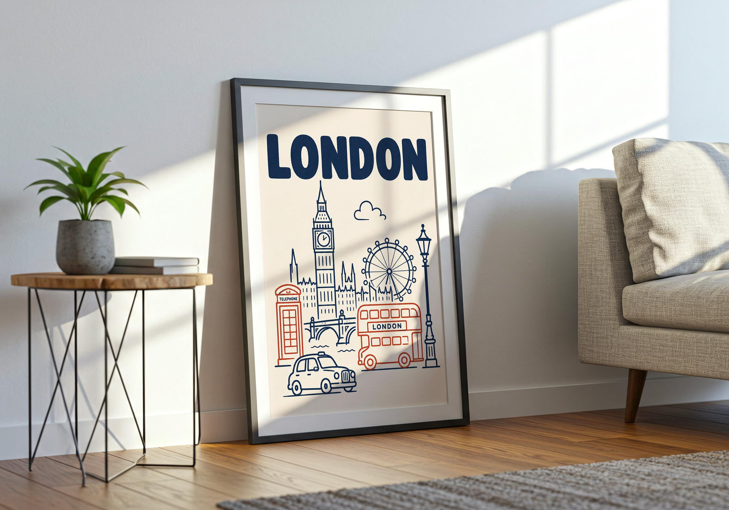 British wall art inspired by London icons, combining vintage travel poster character with clean contemporary linework.