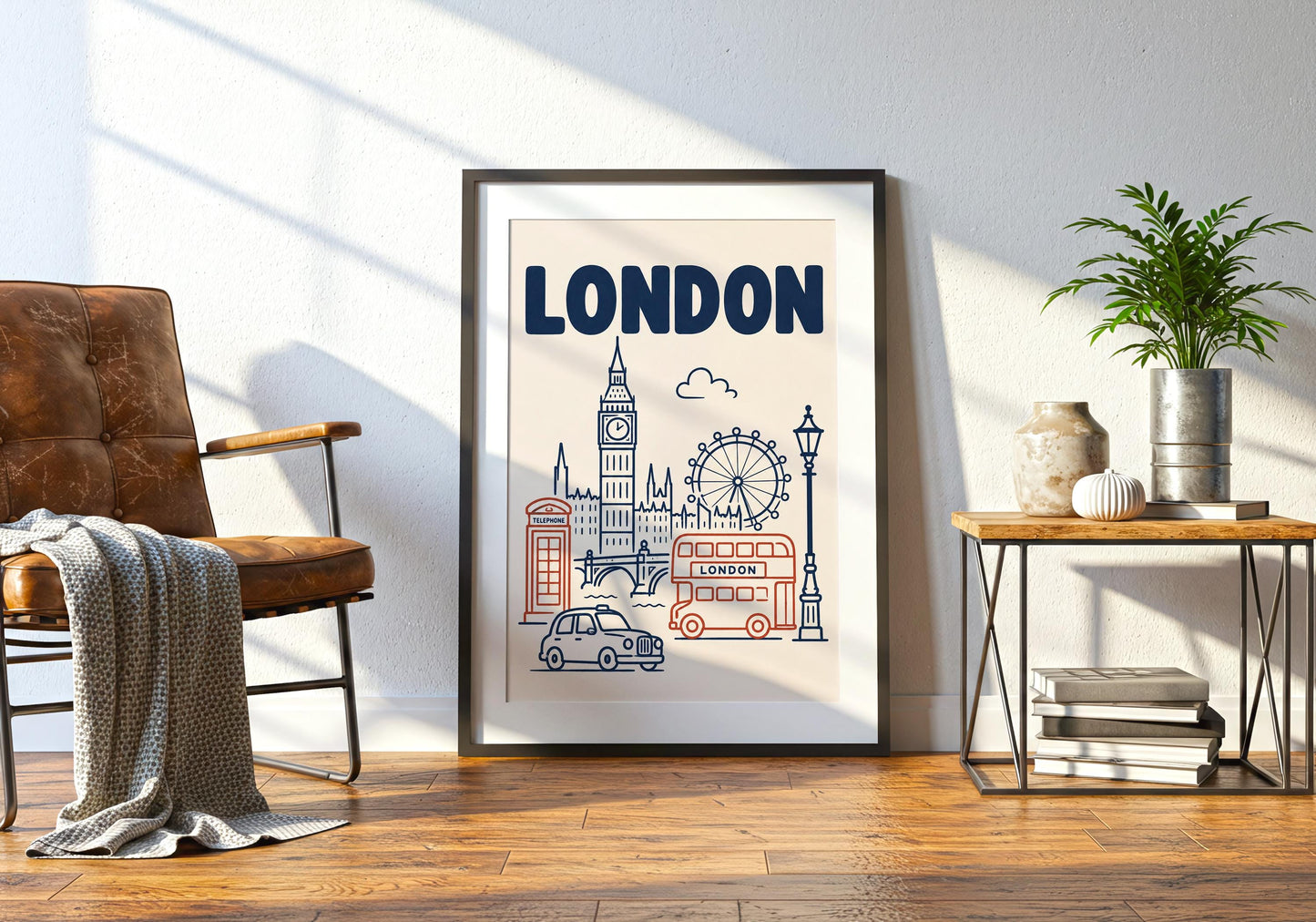 London city illustration in a natural wood frame with navy typography and warm red details against a neutral cream background.