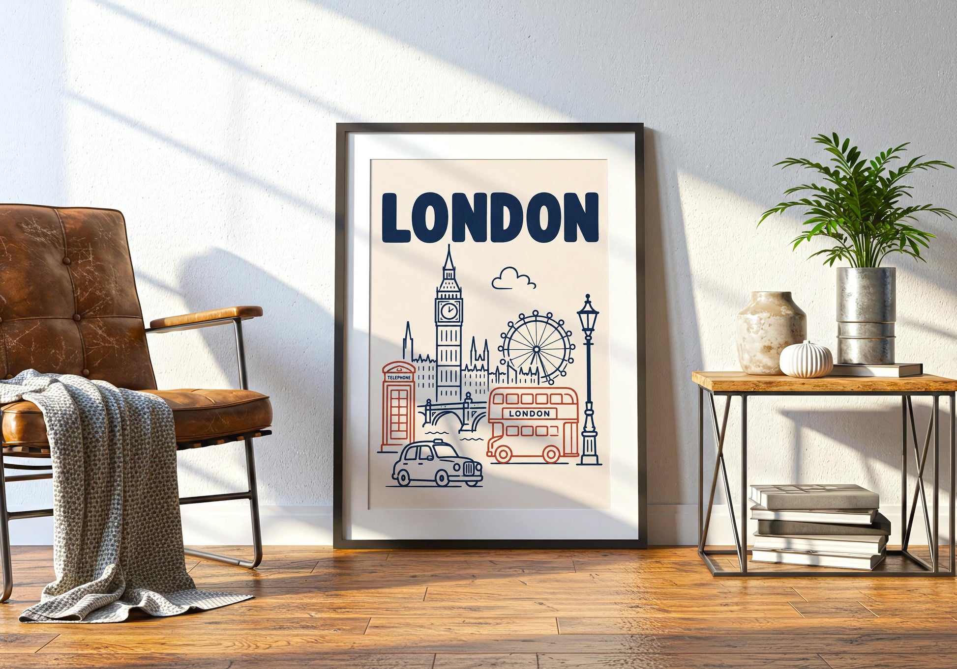 London city illustration in a natural wood frame with navy typography and warm red details against a neutral cream background.