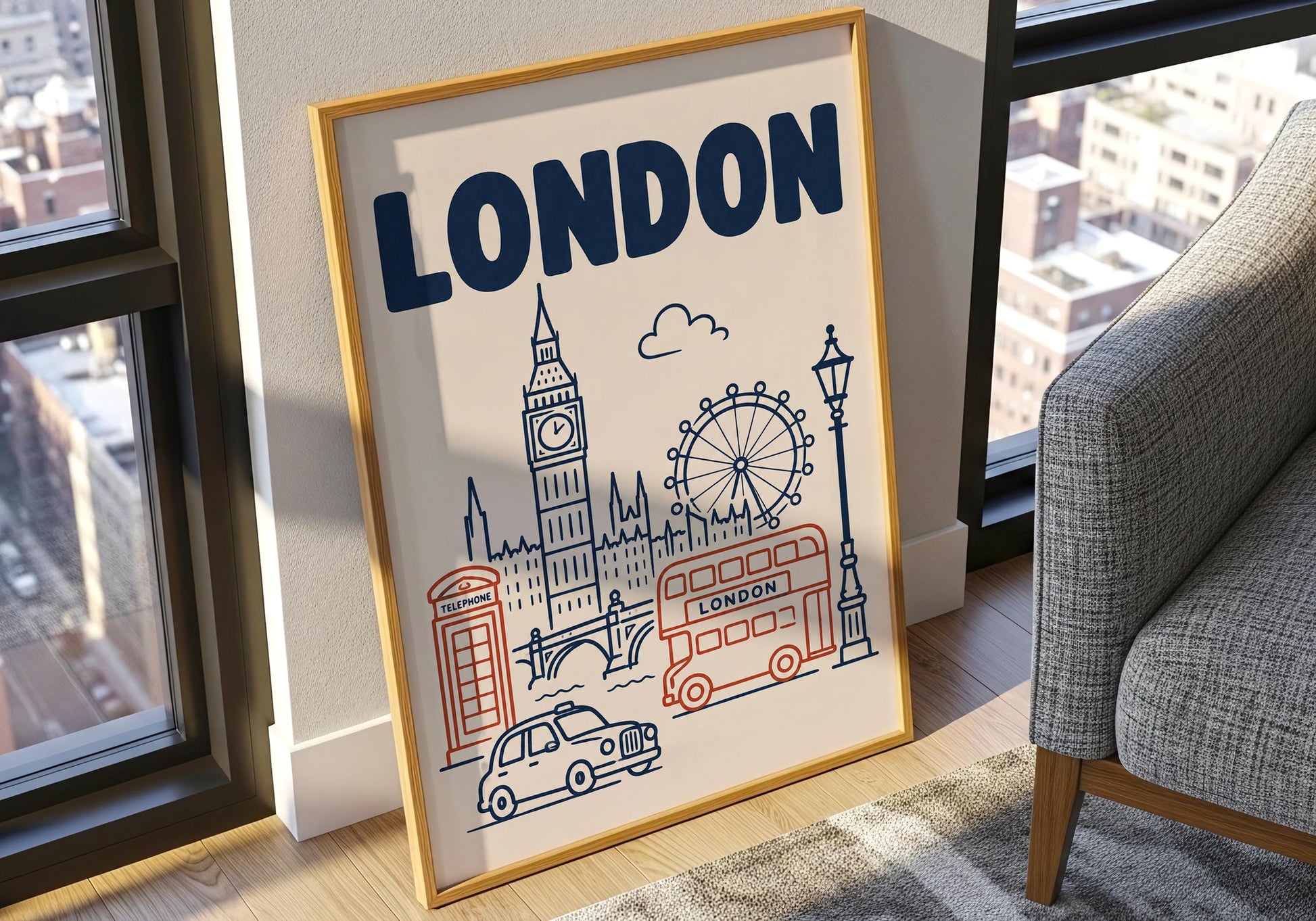 Cream, navy and muted red London poster featuring hand-drawn style illustrations of famous British city landmarks.