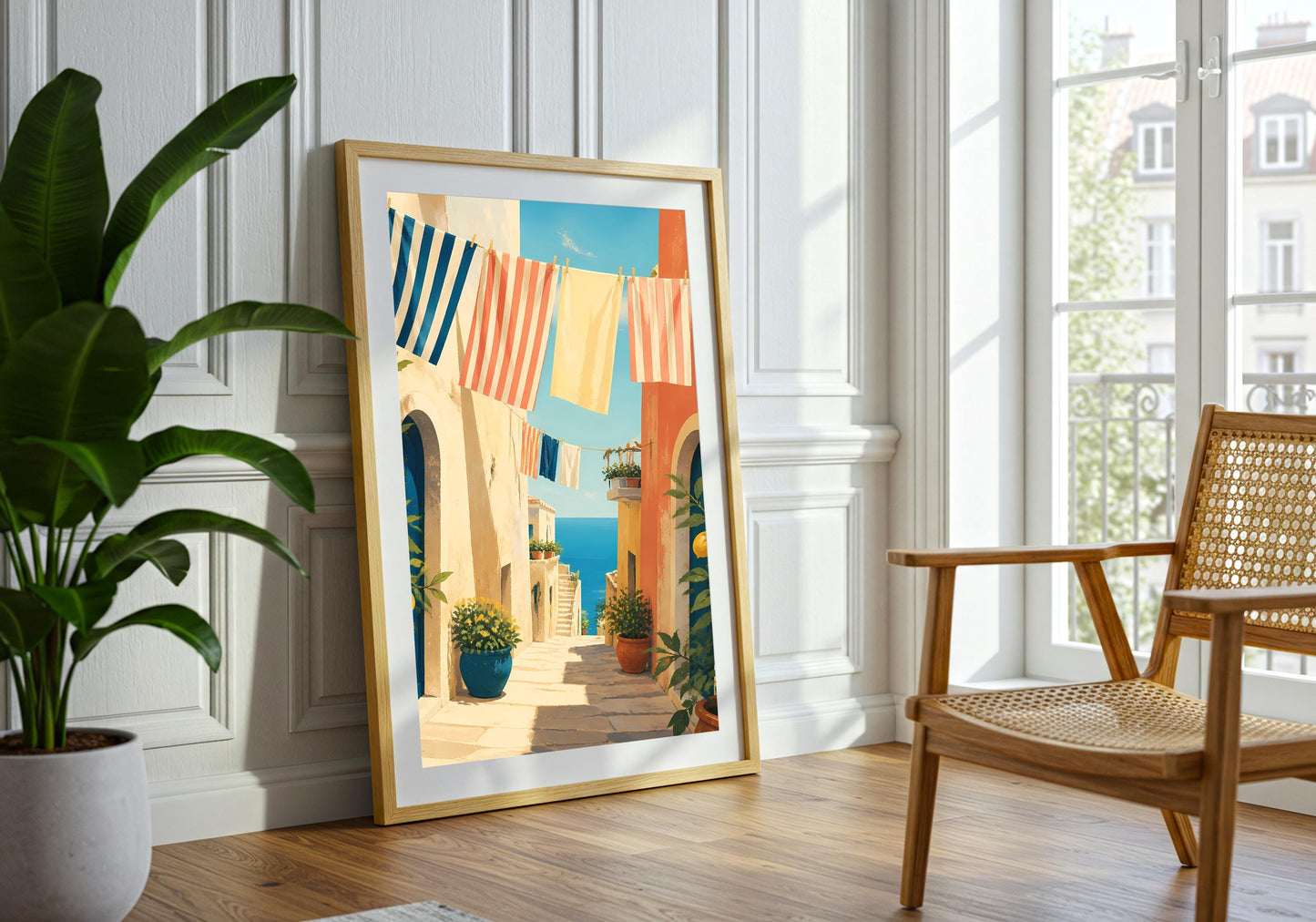 Italian coastal alley painting print, blue door, terracotta pots and sea view, gallery wall decor