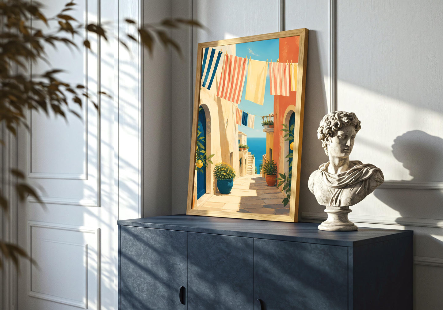 Coastal Italy printable wall art, sunlit cobblestone alley with ocean view, orange and blue building facades