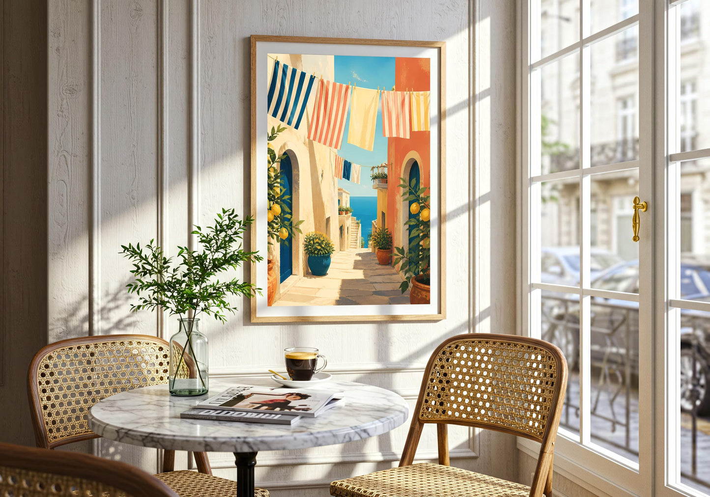 Amalfi coast style wall art poster, striped laundry hanging over cobblestone street, ocean at end of alley