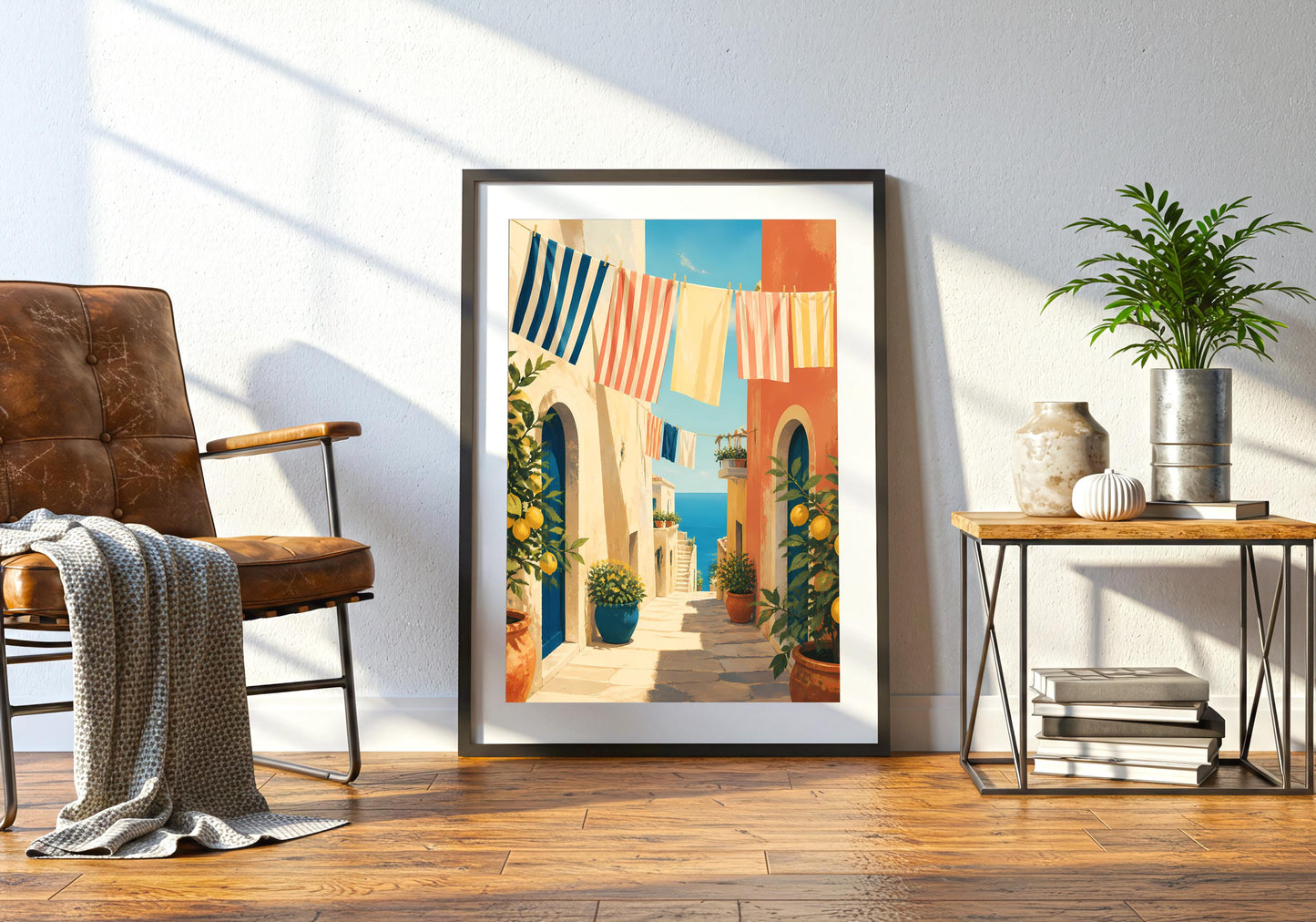 Positano inspired art print, lemon tree branches, blue shutters and sea glimpse, summer wall decor