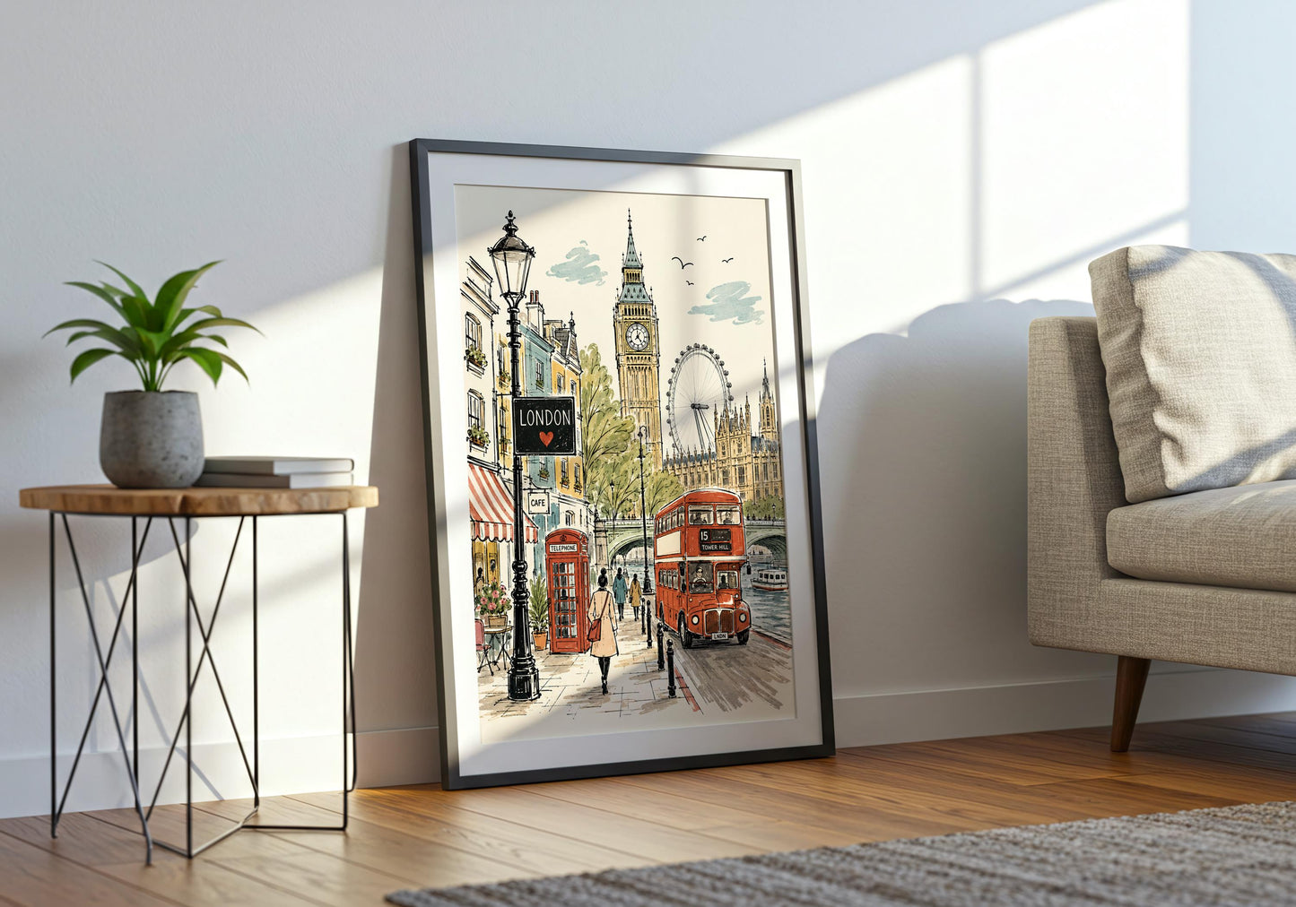 Detailed London city illustration showing a riverside street, Big Ben, London Eye and classic red British bus.