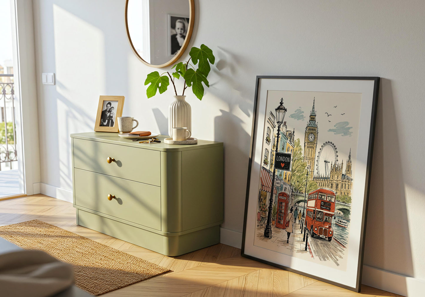 Illustrated London streetscape with Big Ben and the London Eye, designed in a nostalgic European travel poster style.