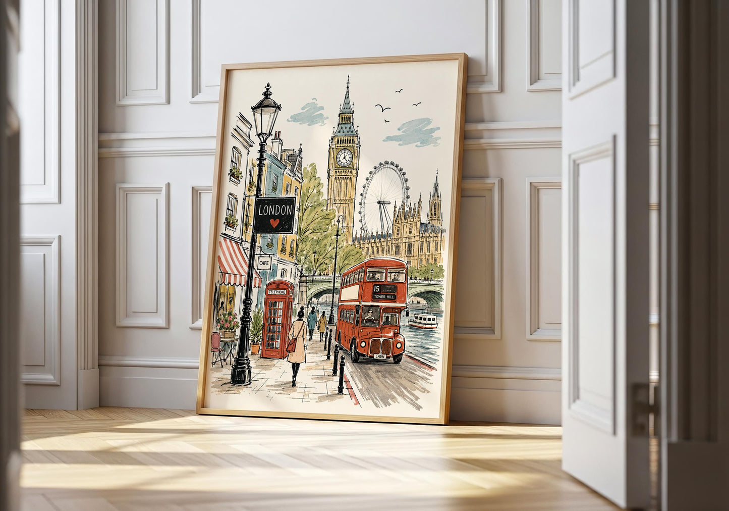 Vintage-style London travel poster featuring Big Ben, the London Eye, Westminster, a red double-decker bus and telephone box.