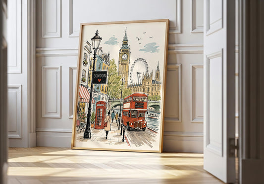 Vintage-style London travel poster featuring Big Ben, the London Eye, Westminster, a red double-decker bus and telephone box.