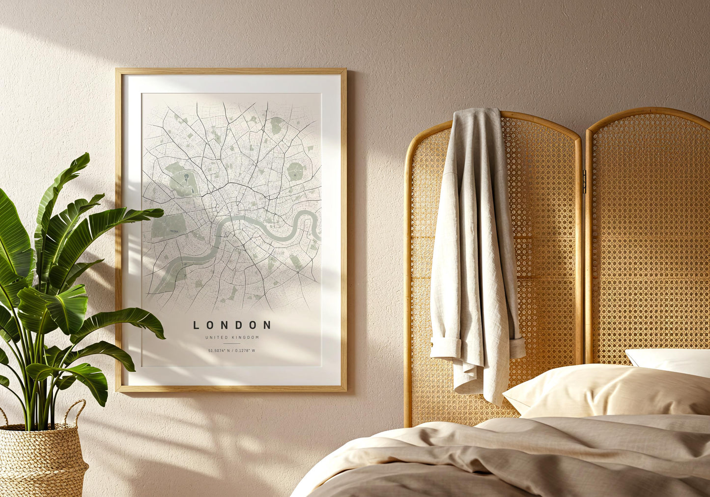 Sage green London map poster designed as understated city wall art for minimalist and modern interiors.