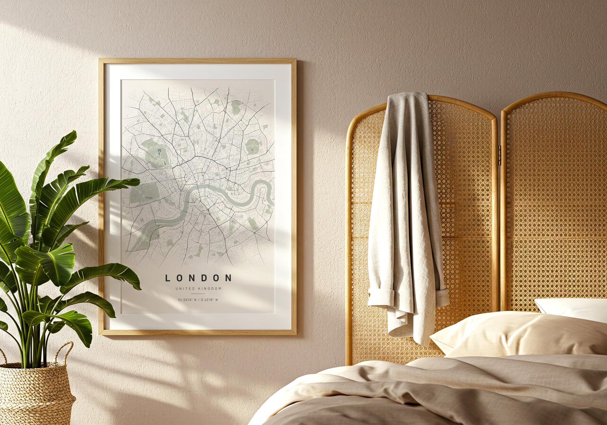 Sage green London map poster designed as understated city wall art for minimalist and modern interiors.