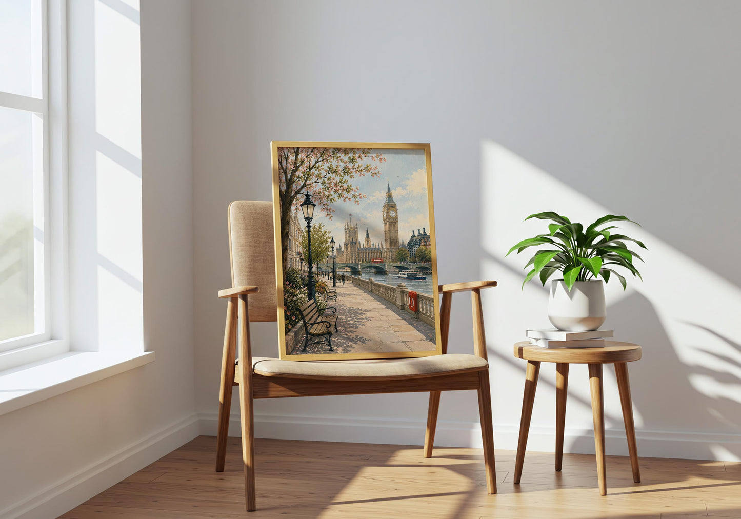 Painterly London riverside scene with flowering trees, traditional street lamps, benches and Westminster in the distance.